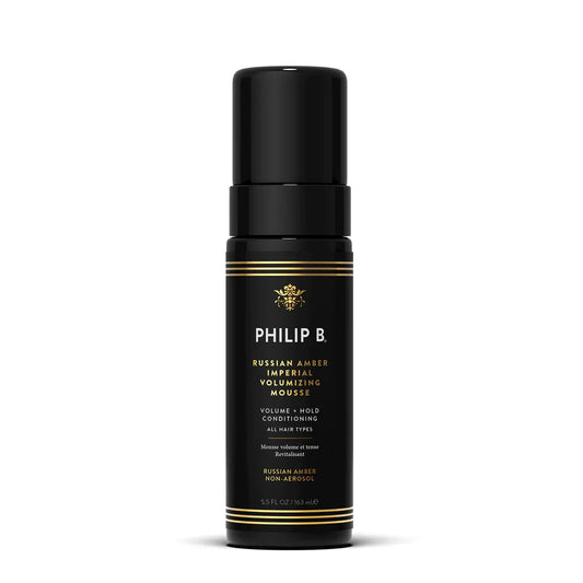 Philip B Russian Amber Imperial Volumizing Hair Mousse in 5.5 oz bottle, showcasing the product container and branding.