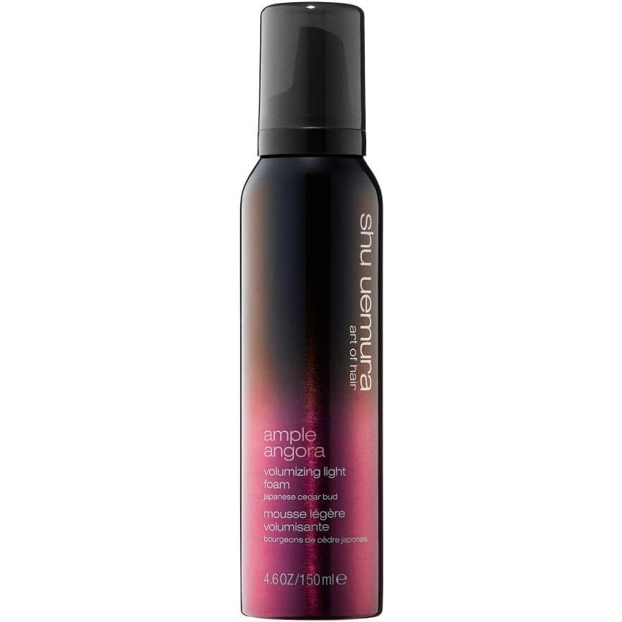 Shu Uemura Ample Angora Volumizing Light Foam Mousse in 142g jar, showcasing the hair mousse product with a white and gold design.