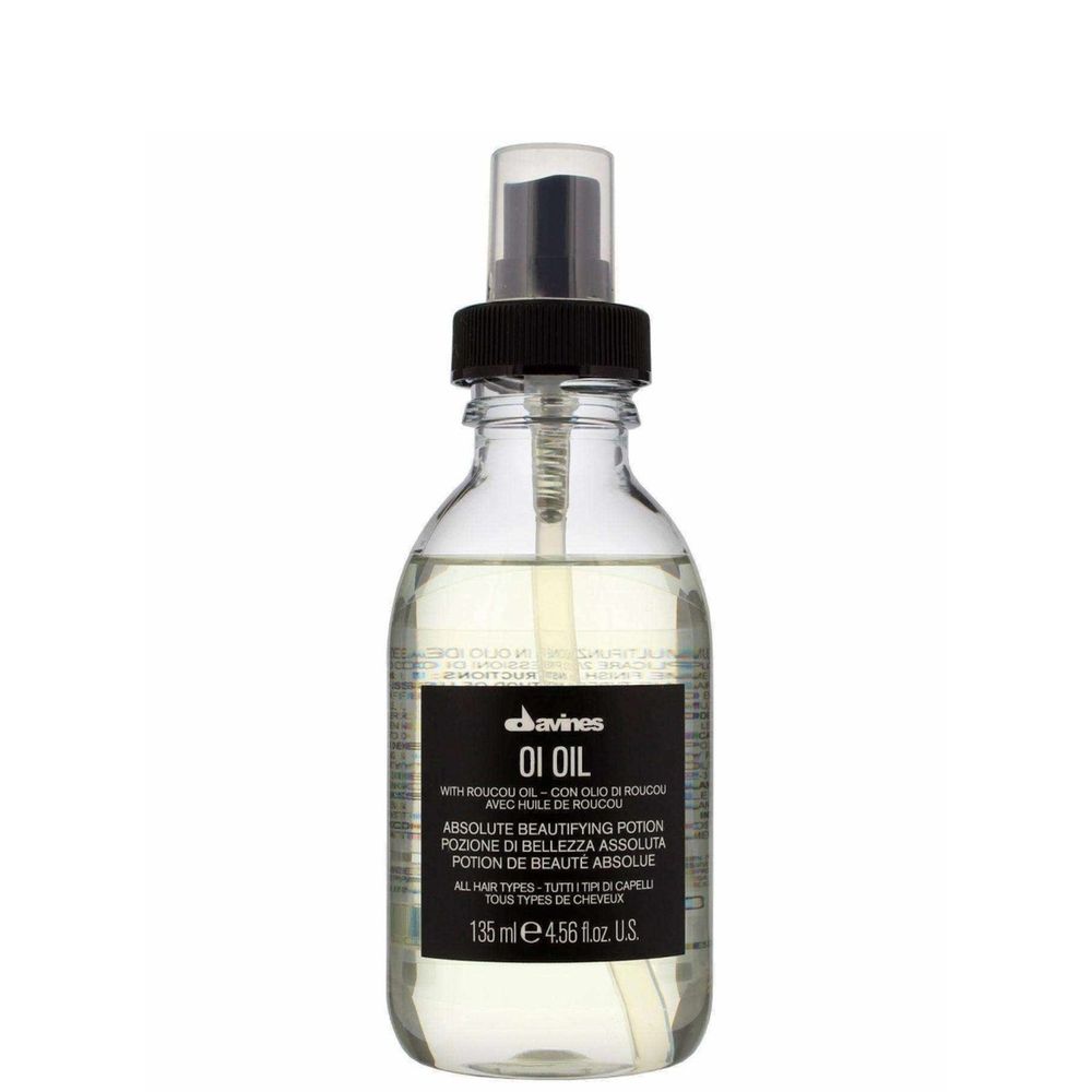 Davines OI Hair Oil in 4.56 oz bottle, smooths and adds shine to hair, with natural ingredients and lightweight texture.