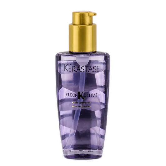 Kerastase Elixir Ultime Oleo-Complexe scented hair oil in 4.2 oz bottle, nourishing and beautifying for healthy hair.
