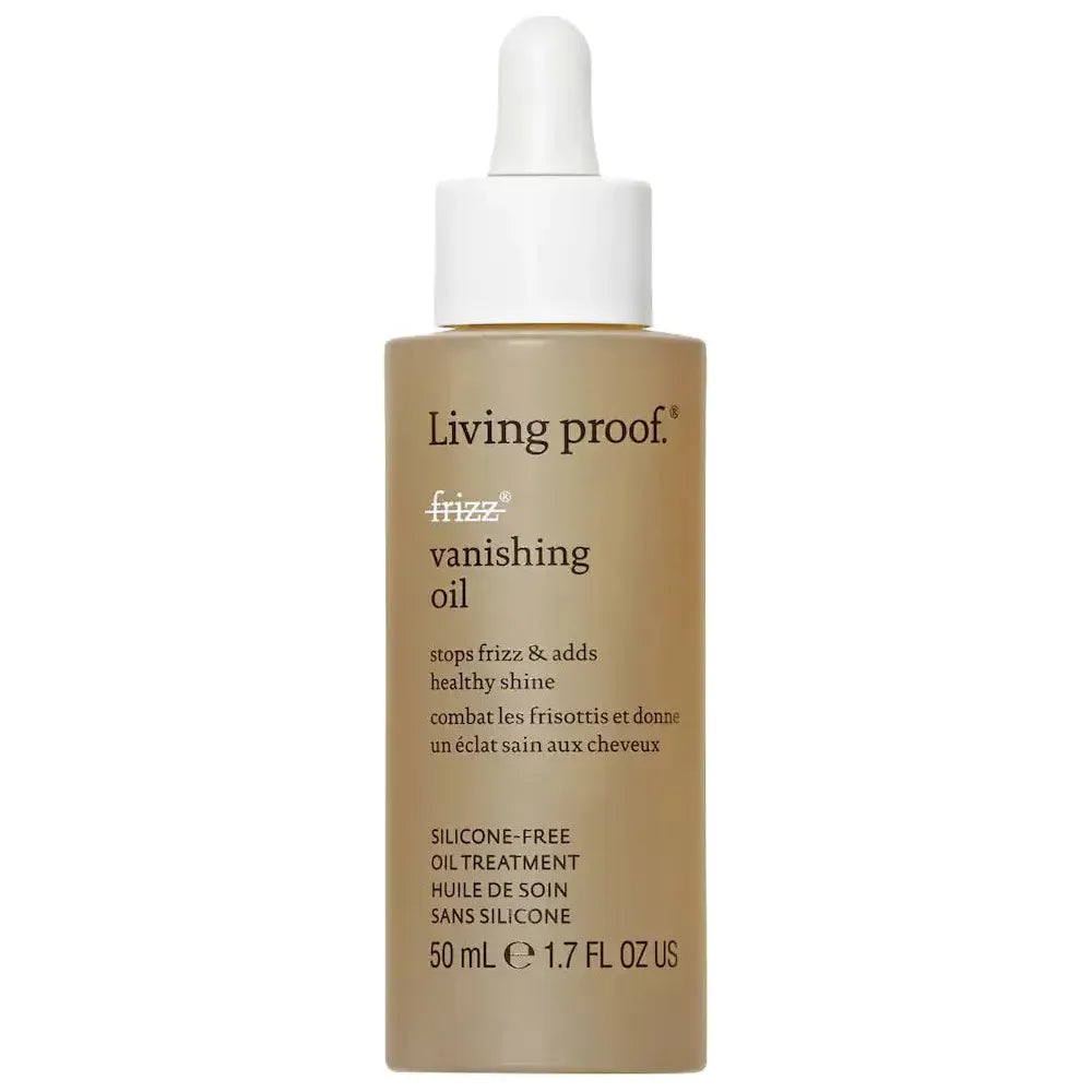 Living Proof Vanishing Oil hair oil in a 1.7 oz bottle, designed to smooth and add shine to hair.
