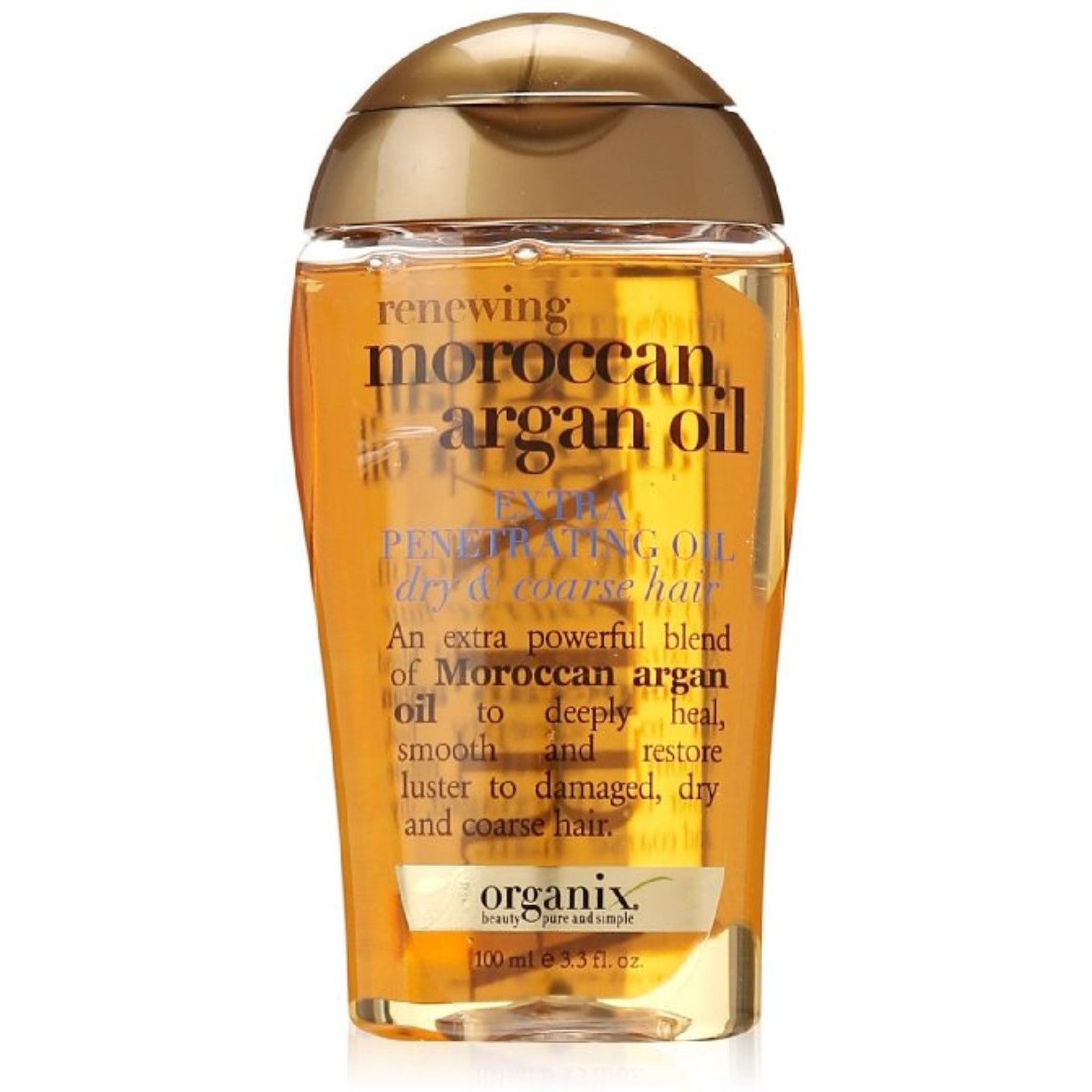 OGX Renewing Moroccan Argan Oil Hair Oil for dry, coarse hair in 3.3 oz bottle, natural nourishing treatment for damaged hair