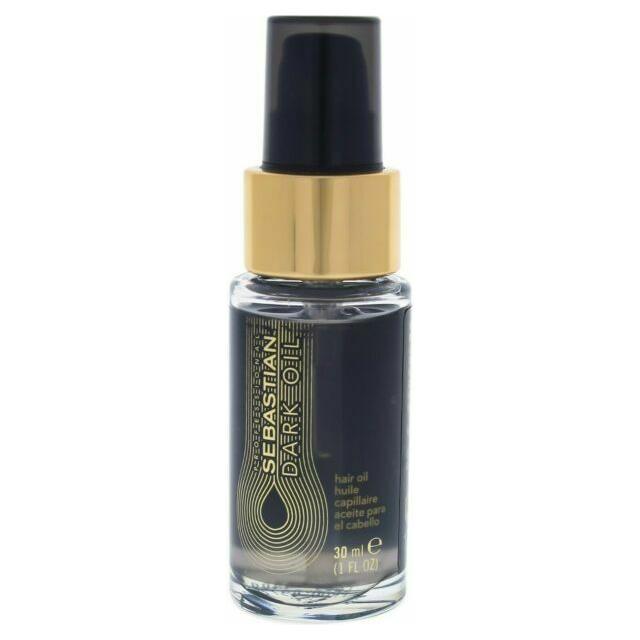 Sebastian Professional Dark Oil hair oil in a 1 oz bottle, smooths and adds shine to hair with a sleek, darkened oil formula.