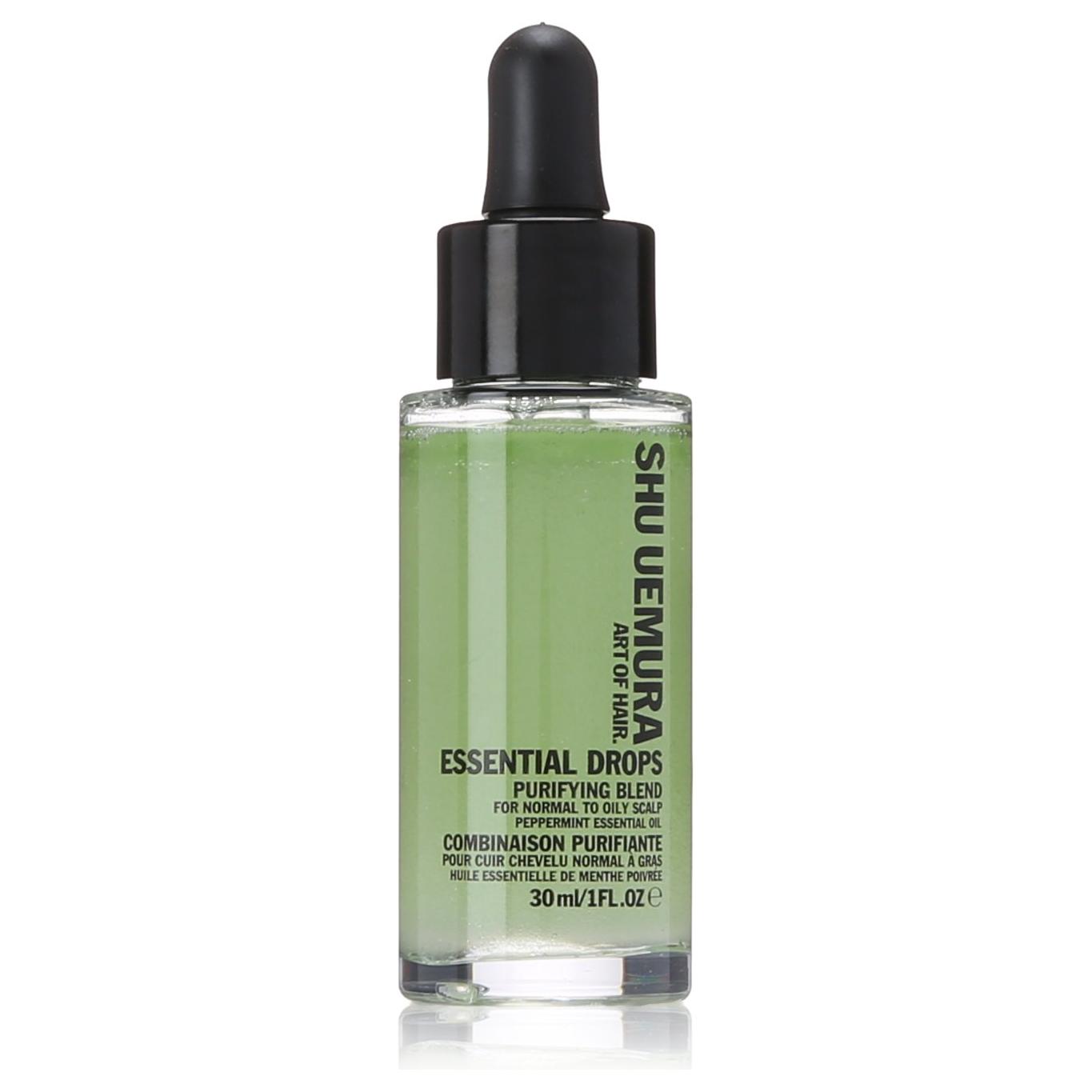 Shu Uemura Essential Drops Purifying Blend hair oil in 30ml bottle, featuring a clear glass container with dropper cap.