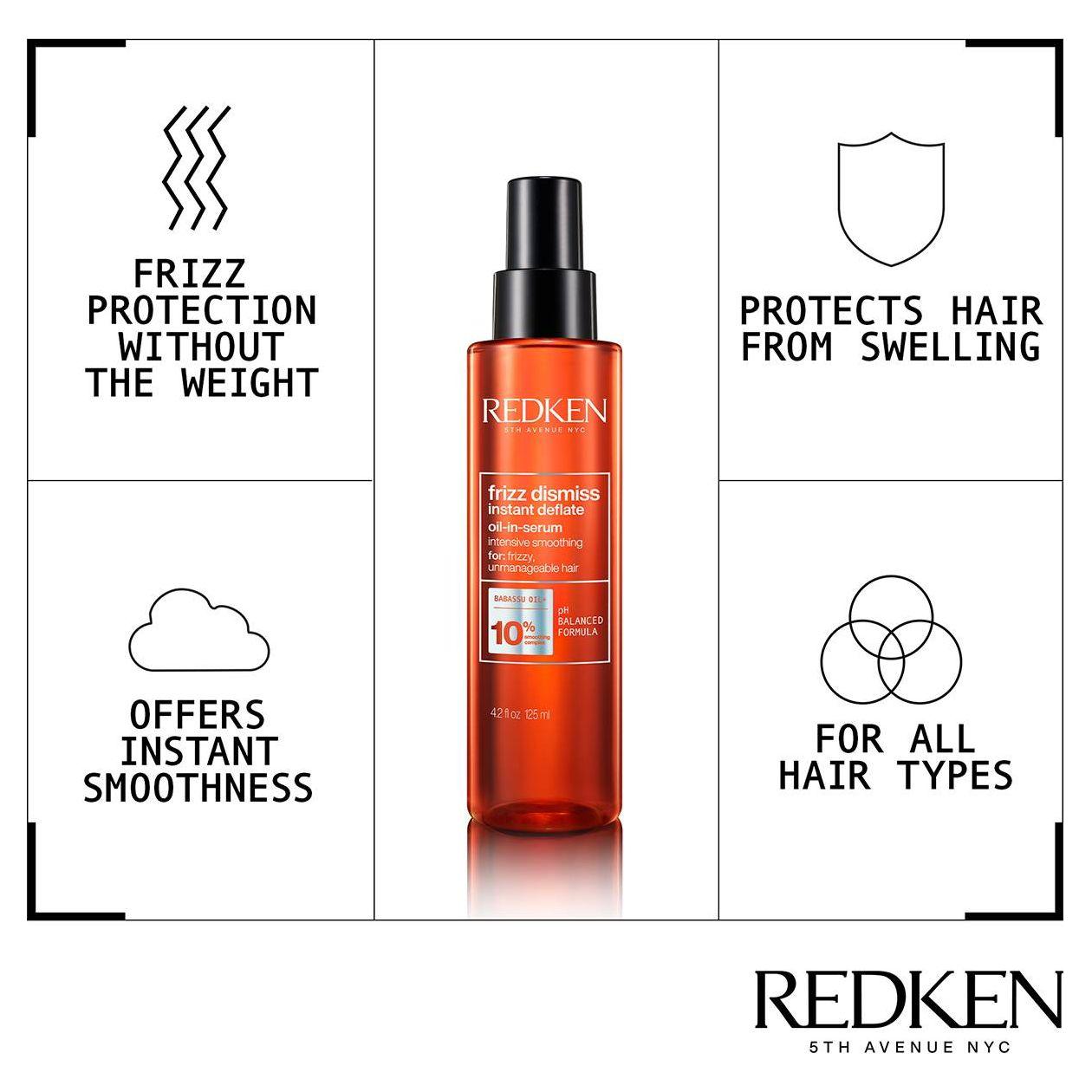 Redken Frizz Dismiss Instant Deflate Hair Oil-In-Serum in 4.2oz bottle, smooths frizz and controls flyaways.