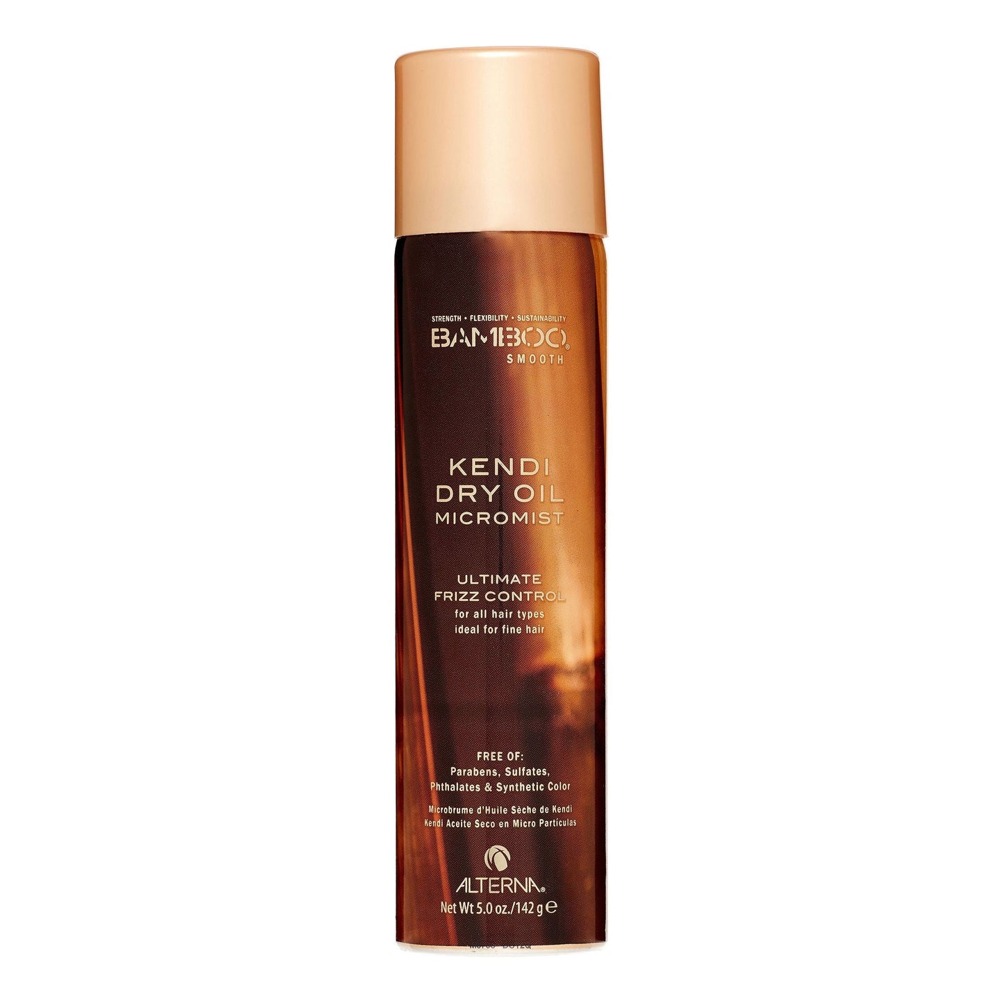 Alterna Bamboo Smooth Kendi Dry Oil Micromist in 5 oz bottle, a lightweight hair oil spray for smooth, shiny hair.