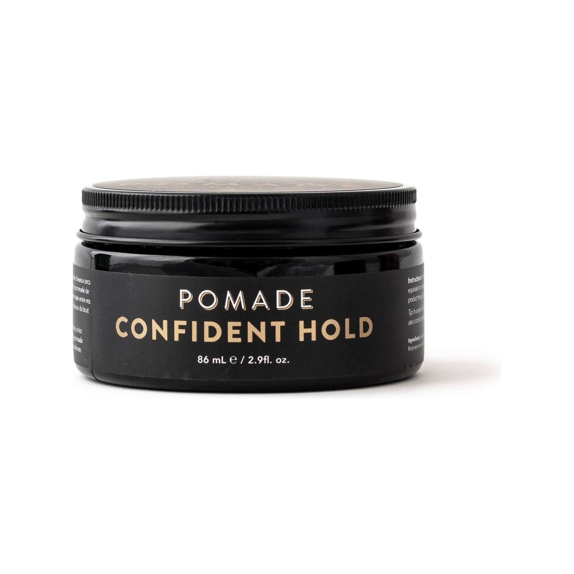 Educated Beards Pomade Confident Hold hair pomade by Pasteur Pharmacy in 86ml jar, with a shiny, styled hair appearance.
