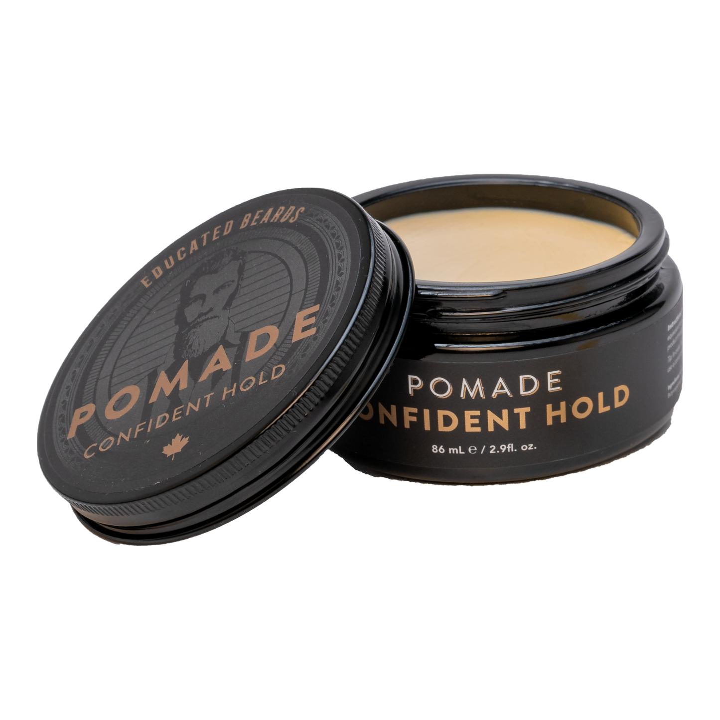 Educated Beards Pomade Confident Hold 86ml by Pasteur Pharmacy, hair styling pomade with strong hold, in a clear jar with a black lid.