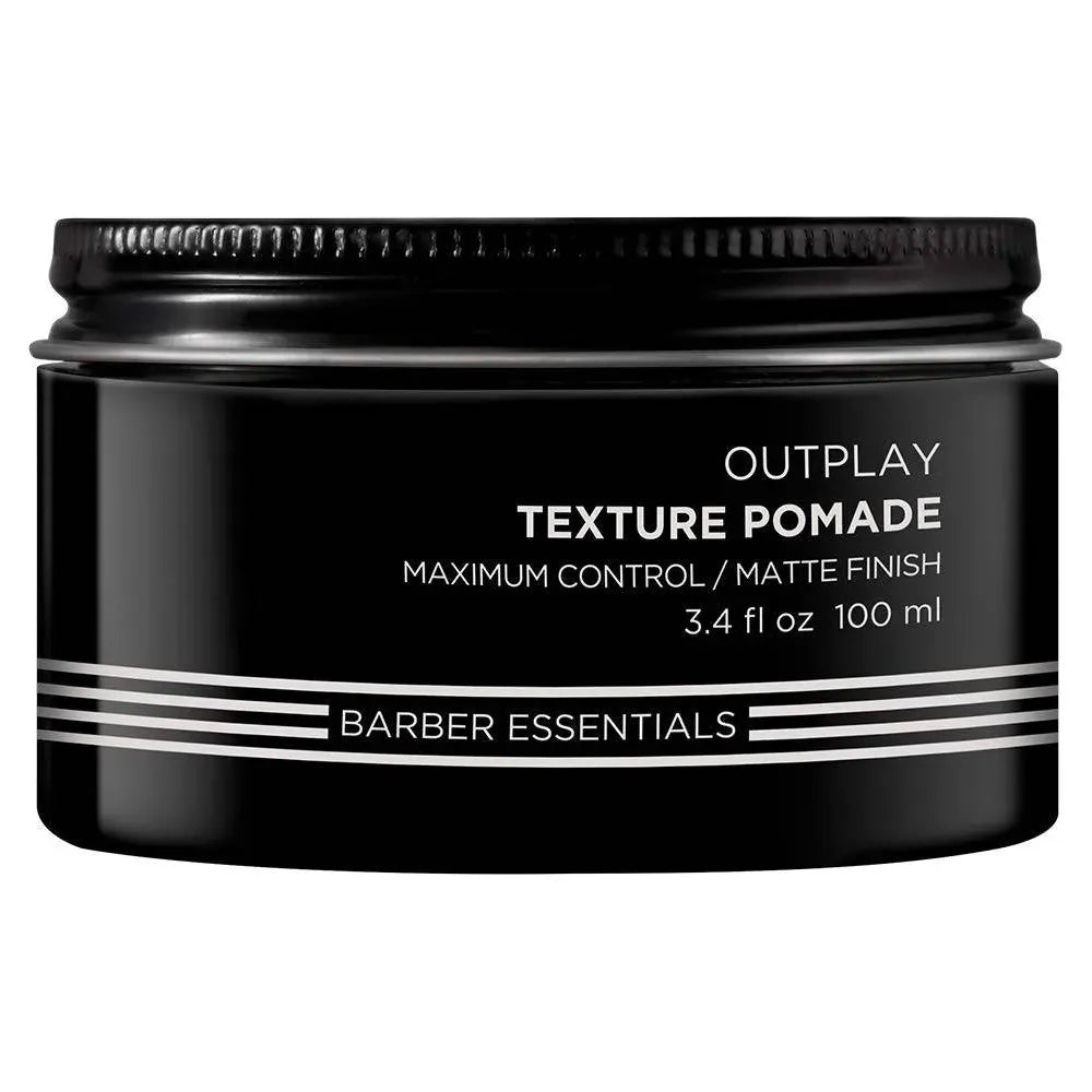 Redken Brews Outplay Texture Pomade in 3.4 oz jar, styling hair with a matte finish and natural hold.