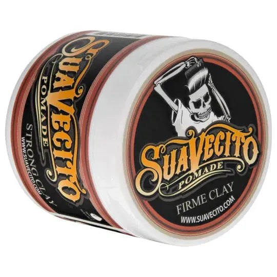 Suavecito Firme Clay Pomade 4 oz hair styling product in a jar, designed for strong hold and textured hairstyles.