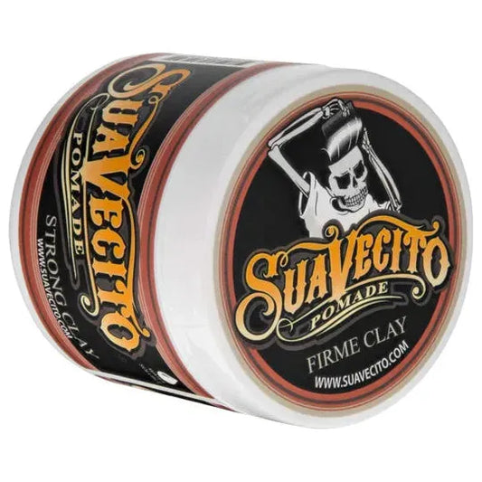 Suavecito Firme Clay Pomade 4 oz hair styling product in a jar, designed for strong hold and textured hairstyles.