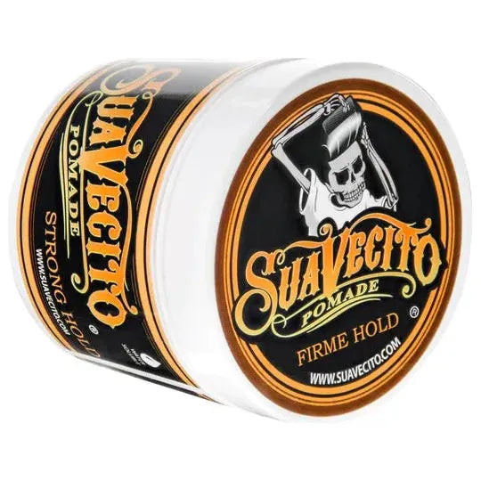 Suavecito Firme strong hold hair pomade in a 4 oz jar, styled with a shiny, sleek look for firm, long-lasting hair control