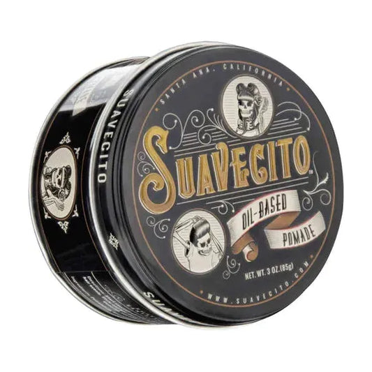 Suavecito oil-based hair pomade in a jar, used for styling and shaping hair with a shiny, firm hold.