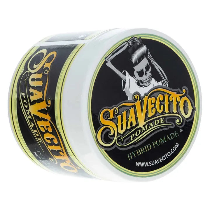 Suavecito Pomade Hybrid 4oz hair styling product in a black jar with a silver lid, ideal for classic and modern hairstyles.