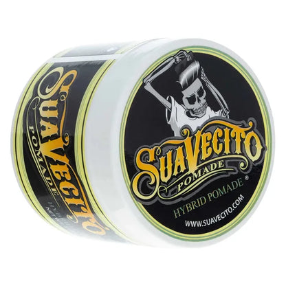 Suavecito Pomade Hybrid 4oz hair styling product in a black jar with a silver lid, ideal for classic and modern hairstyles.