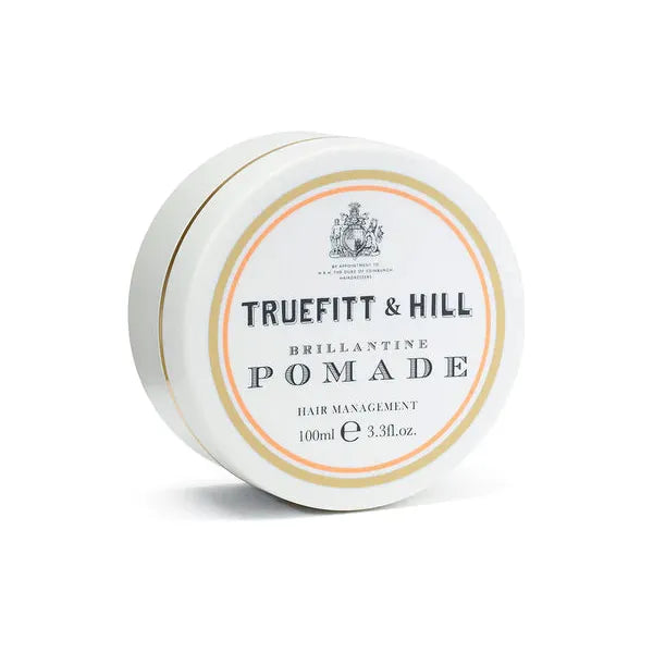 Truefitt & Hill Hair Management Pomade in a 3.3 oz jar, styling hair with a classic grooming product from Pasteur Pharmacy.