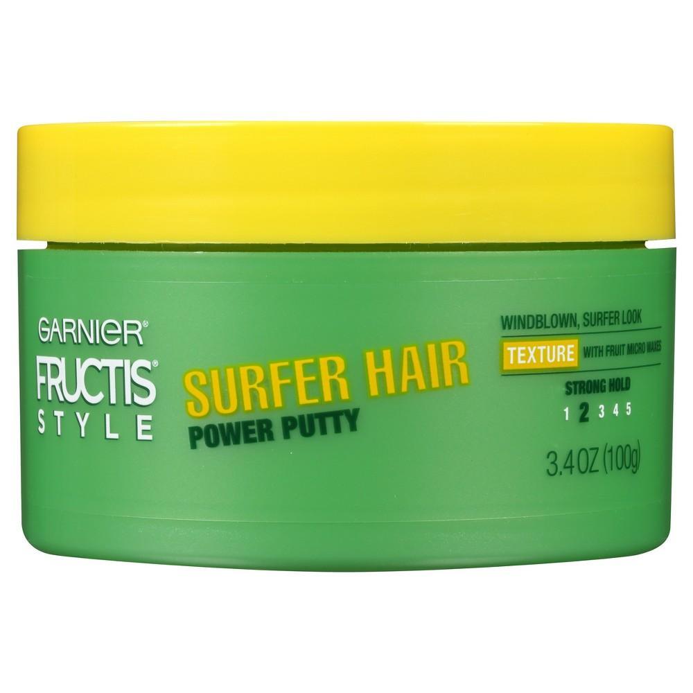 Garnier Fructis Style Surfer Hair Power Putty in a 3.4oz jar, designed for textured, flexible hair styling.