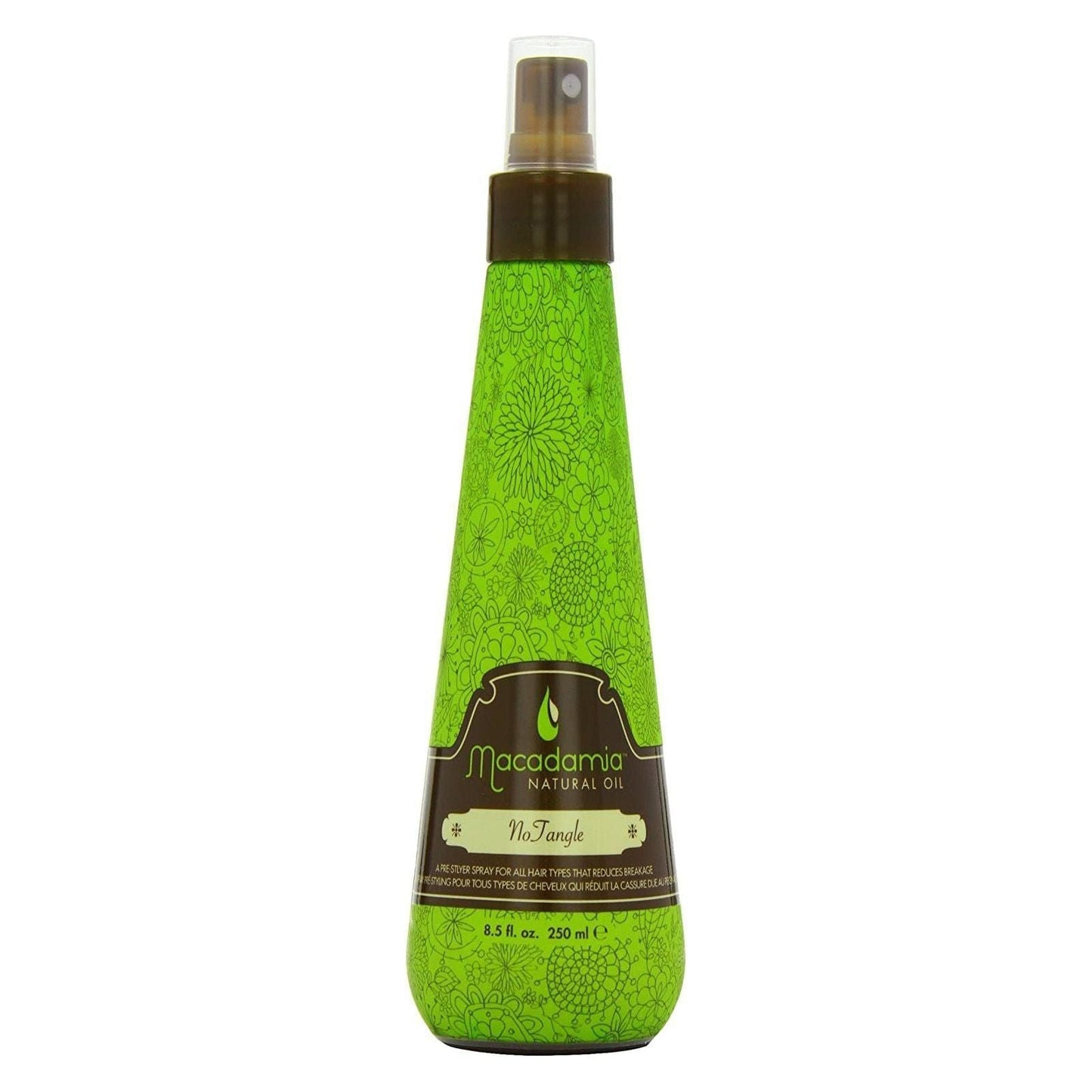Macadamia No Tangle Pre-Styler from Pasteur Pharmacy, 250ml bottle, showing the hair pre-styler with a white and green label
