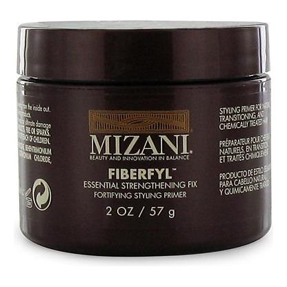 Mizani Fiberfyl Essential Strengthening Fix Primer for hair, 2oz, in a clear bottle with a pump top.