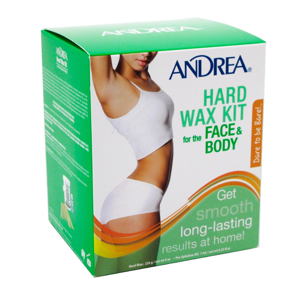 Andrea Wax Hard Kit for Face and Body, 8 oz, Pasteur Pharmacy hair removal kit with wax and accessories for smooth skin.