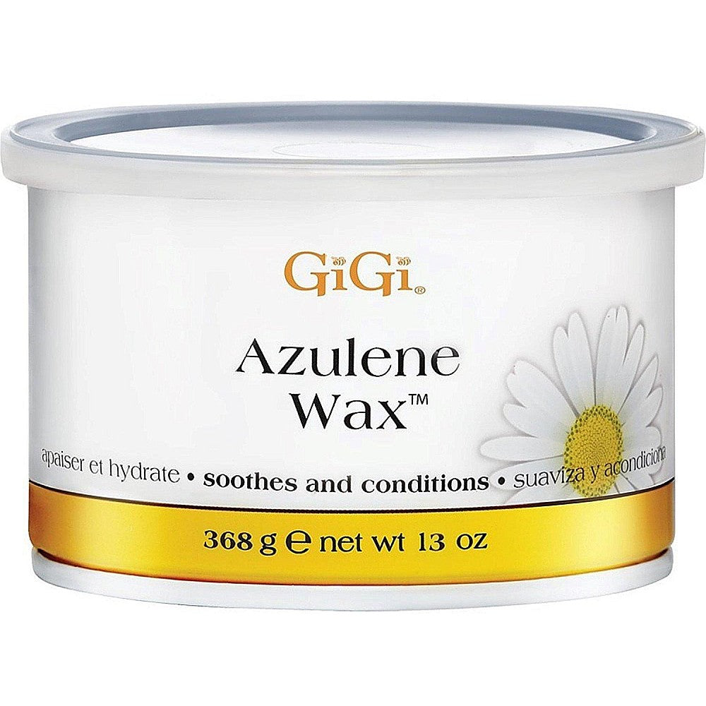 GiGi Azulene Wax 13 oz for hair removal by Pasteur Pharmacy, showing the blue-tinted wax in a jar.