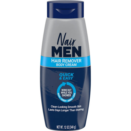 Nair Men Hair Remover Body Cream 12 oz in a white tube, designed for men's hair removal on body skin.