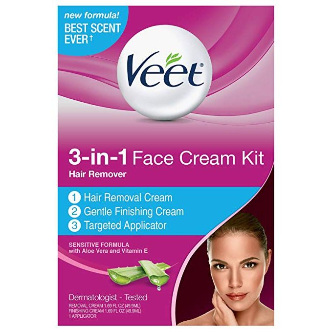 Veet 3-in-1 Face Cream Kit hair removal set with cream and accessories, designed for gentle facial hair removal.