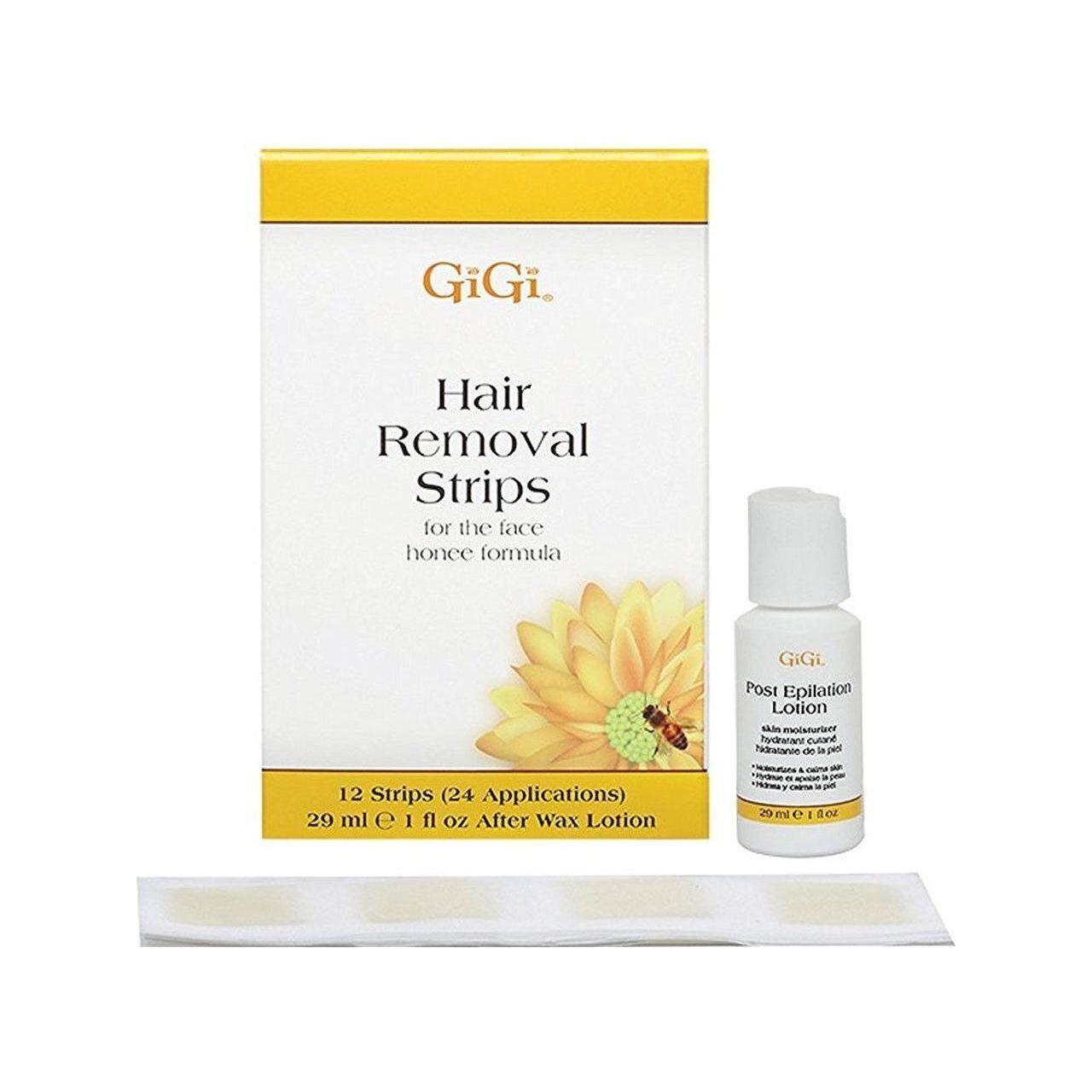 Gigi Hair Removal Strips for the Face by Pasteur Pharmacy, 24 facial hair removal strips on a white background.