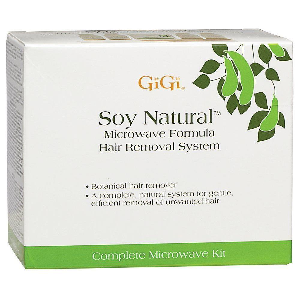 Gigi Soy Natural Microwave Hair Removal System Wax Kit with applicator and wax containers for easy at-home hair removal.