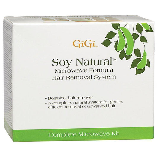 Gigi Soy Natural Microwave Hair Removal System Wax Kit with applicator and wax containers for easy at-home hair removal.