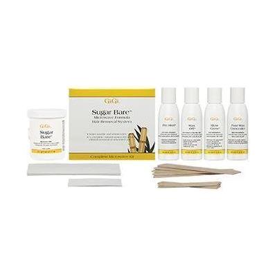 Gigi Sugar Bare Microwave Hair Removal System kit with 35 pieces, including application tools and ingredients for smooth hair removal.