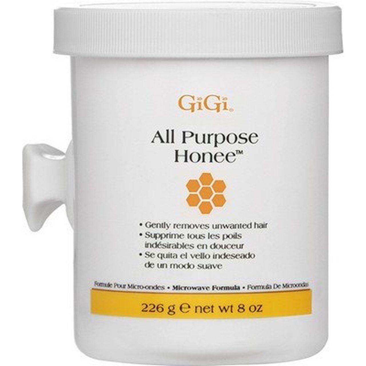 Gigi All Purpose Honee Wax Microwave Formula 8 oz for hair removal, shown in a jar with a smooth honey-colored wax texture.