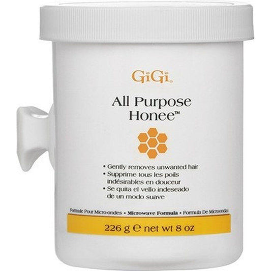 Gigi All Purpose Honee Wax Microwave Formula 8 oz for hair removal, shown in a jar with a smooth honey-colored wax texture.
