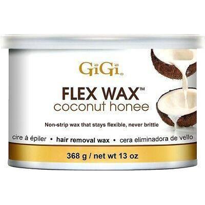 Gigi Coconut Honee Flex Wax 13 oz for hair removal, natural coconut scent, in a clear jar, ideal for smooth skin.