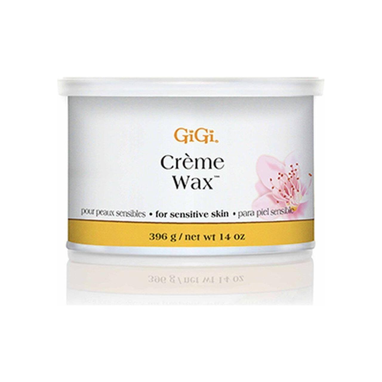 Gigi Creme Wax for Sensitive Skin by Pasteur Pharmacy, 14 oz jar of hair removal wax in a white container with a blue lid