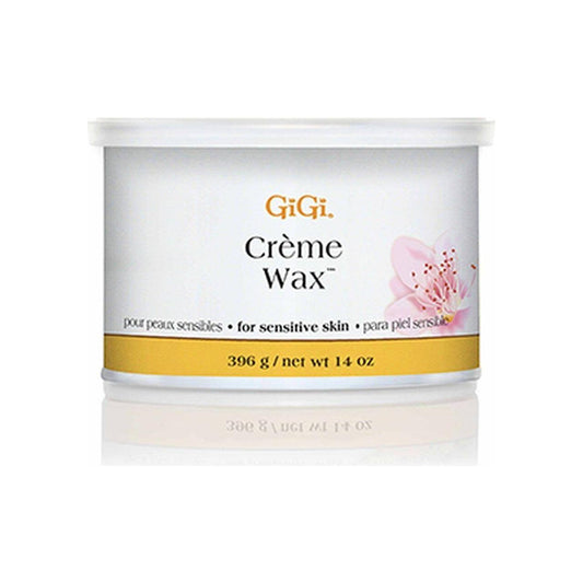 Gigi Creme Wax for Sensitive Skin by Pasteur Pharmacy, 14 oz jar of hair removal wax in a white container with a blue lid