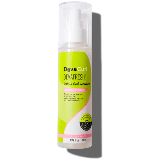 DevaCurl DevaFresh Curl Revitalizer in 4.4 oz bottle, hair and scalp treatment for revitalizing curls and scalp health.