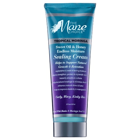 The Mane Choice Tropical Moringa Hair Sealing Cream 8 oz in a jar, designed to seal in moisture and enhance hair health.