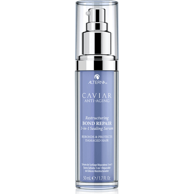 Alterna Caviar Anti-Aging 3-in-1 Sealing Serum for hair, 1.7oz, bottle with pump, highlighting restructuring and bond repair benefits.