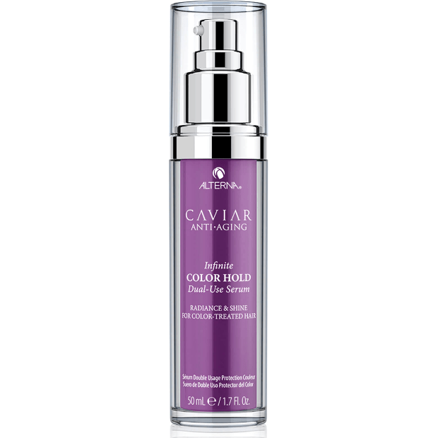 Alterna Caviar Infinite Color Hold Vibrancy Serum in a 1.7oz bottle, nourishing hair with caviar extract for color protection and shine.