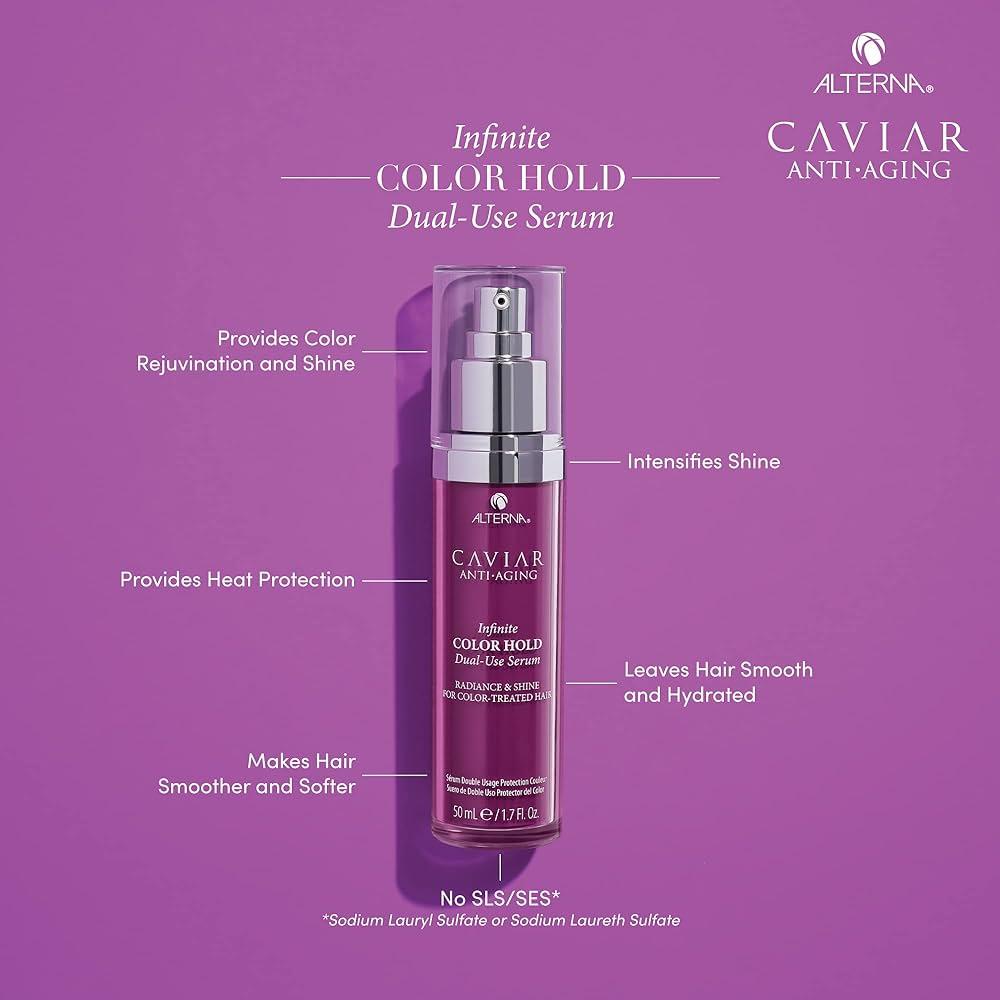 Alterna Caviar Infinite Color Hold Vibrancy Serum 1.7oz, a nourishing hair serum for color protection and shine.