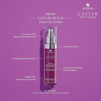 Alterna Caviar Infinite Color Hold Vibrancy Serum 1.7oz, a nourishing hair serum for color protection and shine.
