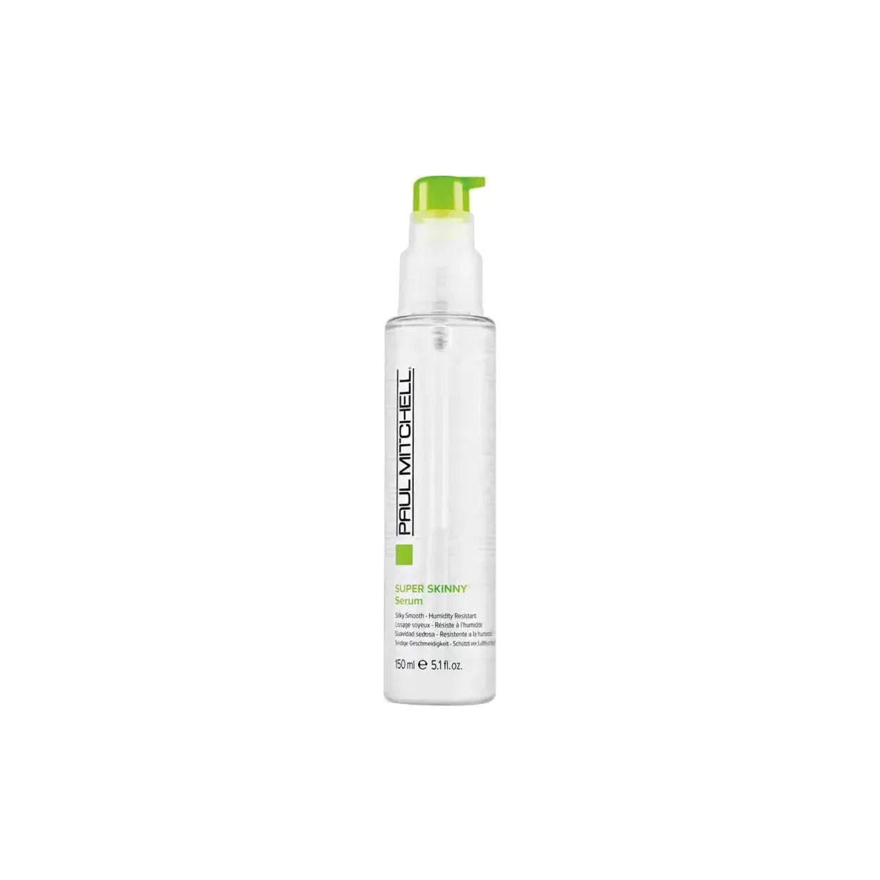 Paul Mitchell Super Skinny Hair Serum 5.1 oz bottle showing smooth, sleek hair with shiny finish, designed for lightweight frizz control.