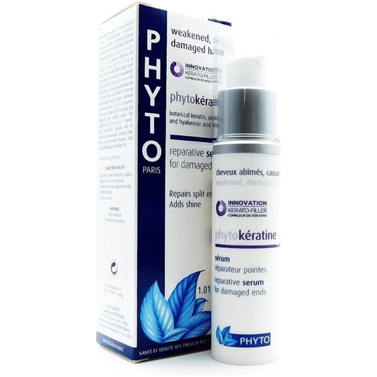 Pasteur Pharmacy Phyto Phytokeratine Reparative Hair Serum in 1.01 oz bottle, nourishing treatment for damaged hair.