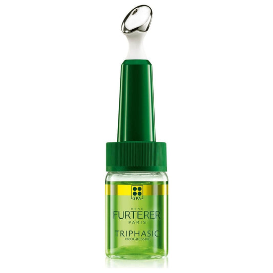 Rene Furterer Triphasic Progressive concentrated hair serum in 8 vials, designed to strengthen and promote hair growth.