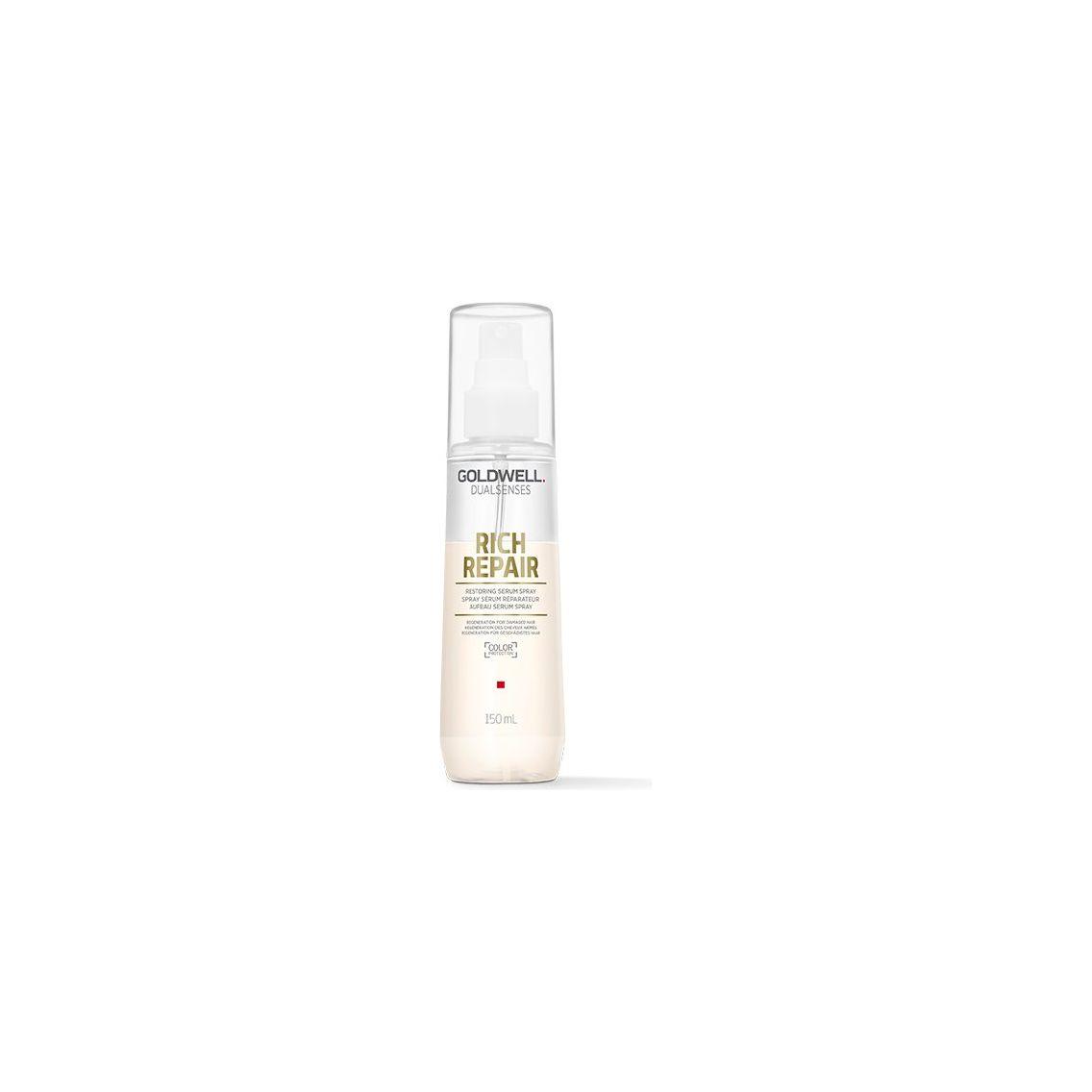 Goldwell Dualsenses Rich Repair Hair Serum Spray in a 5.1 oz bottle, designed to restore and repair damaged hair.