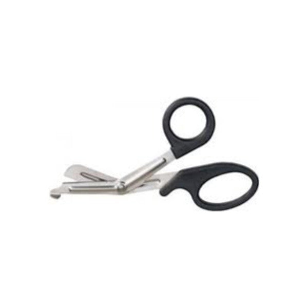 Black stainless steel all-purpose hair shears, 7-1/2 inch, from Pasteur Pharmacy, with sharp blades for styling and cutting hair.