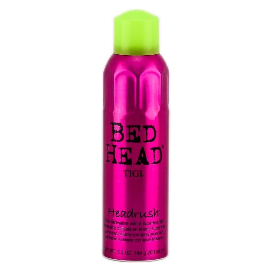 Tigi Bed Head Headrush Shine Adrenaline hair shine spray with superfine mist in a 5.3 oz bottle, enhancing hair's natural shine and gloss.