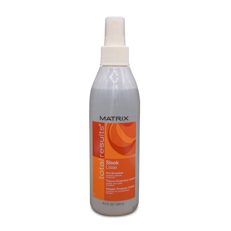 Matrix Total Results Sleek Iron Smoother hair smoothing serum in 8.5 oz bottle, designed to tame frizz and add shine.