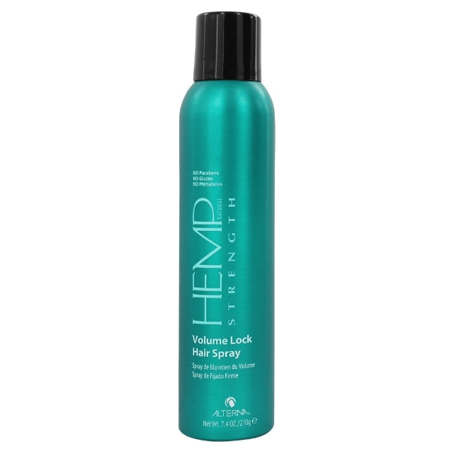 Alterna Hemp Natural Strength Volume Lock Hair Spray in 7.4oz bottle, providing strong hold and volume for styled hair.
